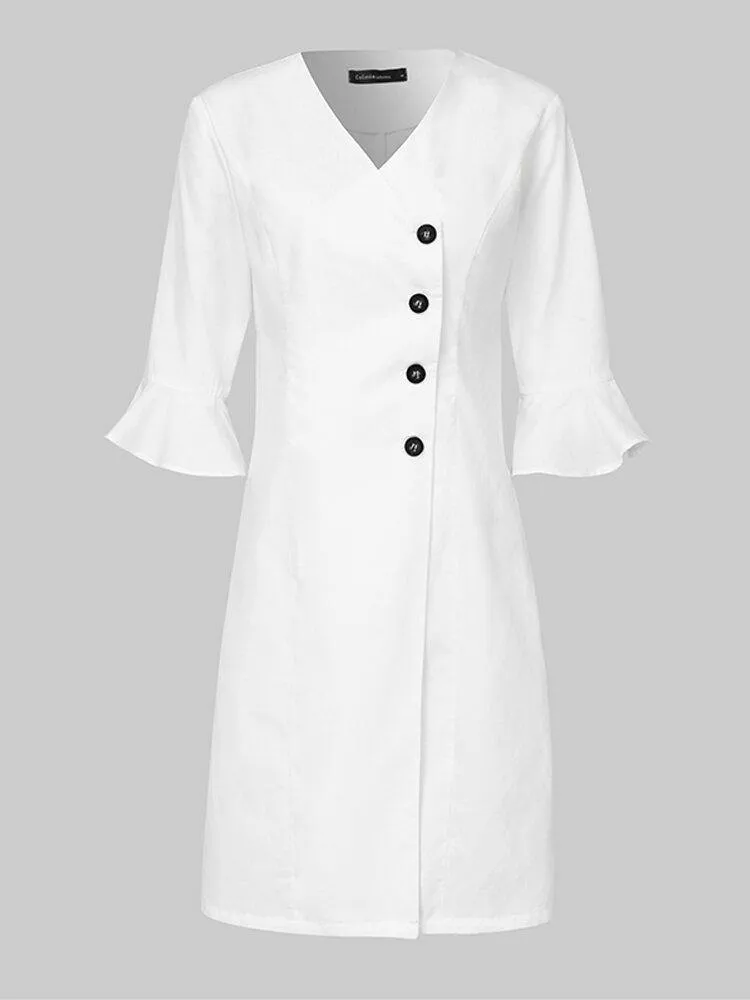 deanwangkt V-neck Oblique Placket Design Bell Sleeve Casual Dress