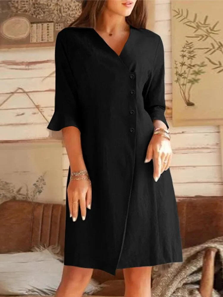 deanwangkt V-neck Oblique Placket Design Bell Sleeve Casual Dress