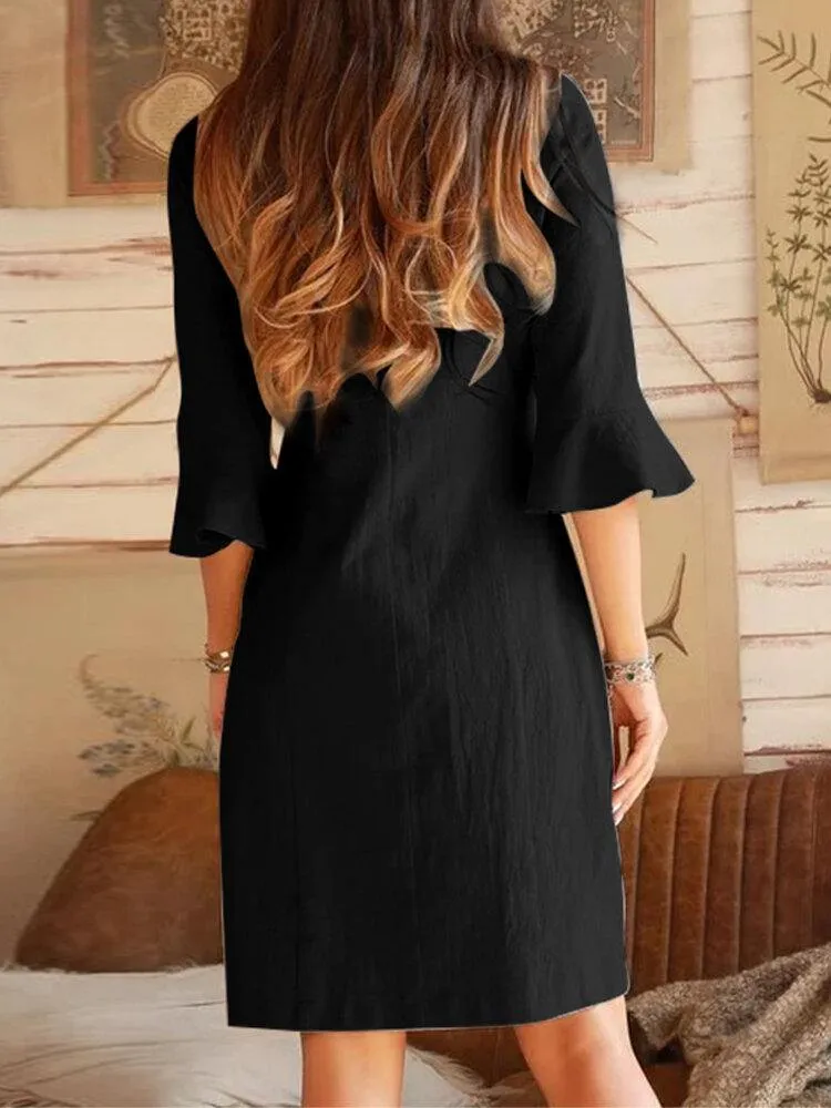 deanwangkt V-neck Oblique Placket Design Bell Sleeve Casual Dress