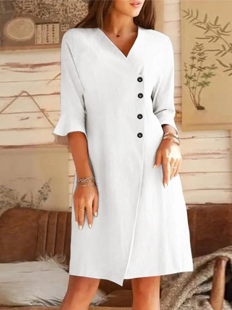 deanwangkt V-neck Oblique Placket Design Bell Sleeve Casual Dress