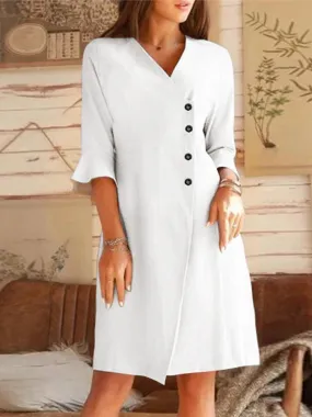 deanwangkt V-neck Oblique Placket Design Bell Sleeve Casual Dress
