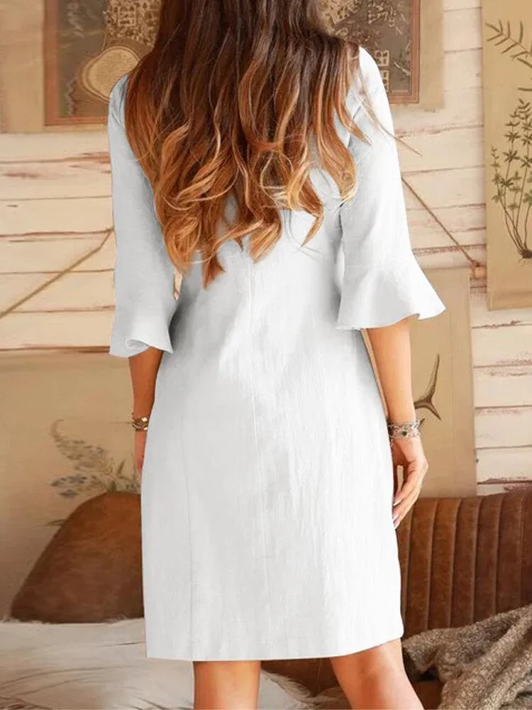 deanwangkt V-neck Oblique Placket Design Bell Sleeve Casual Dress