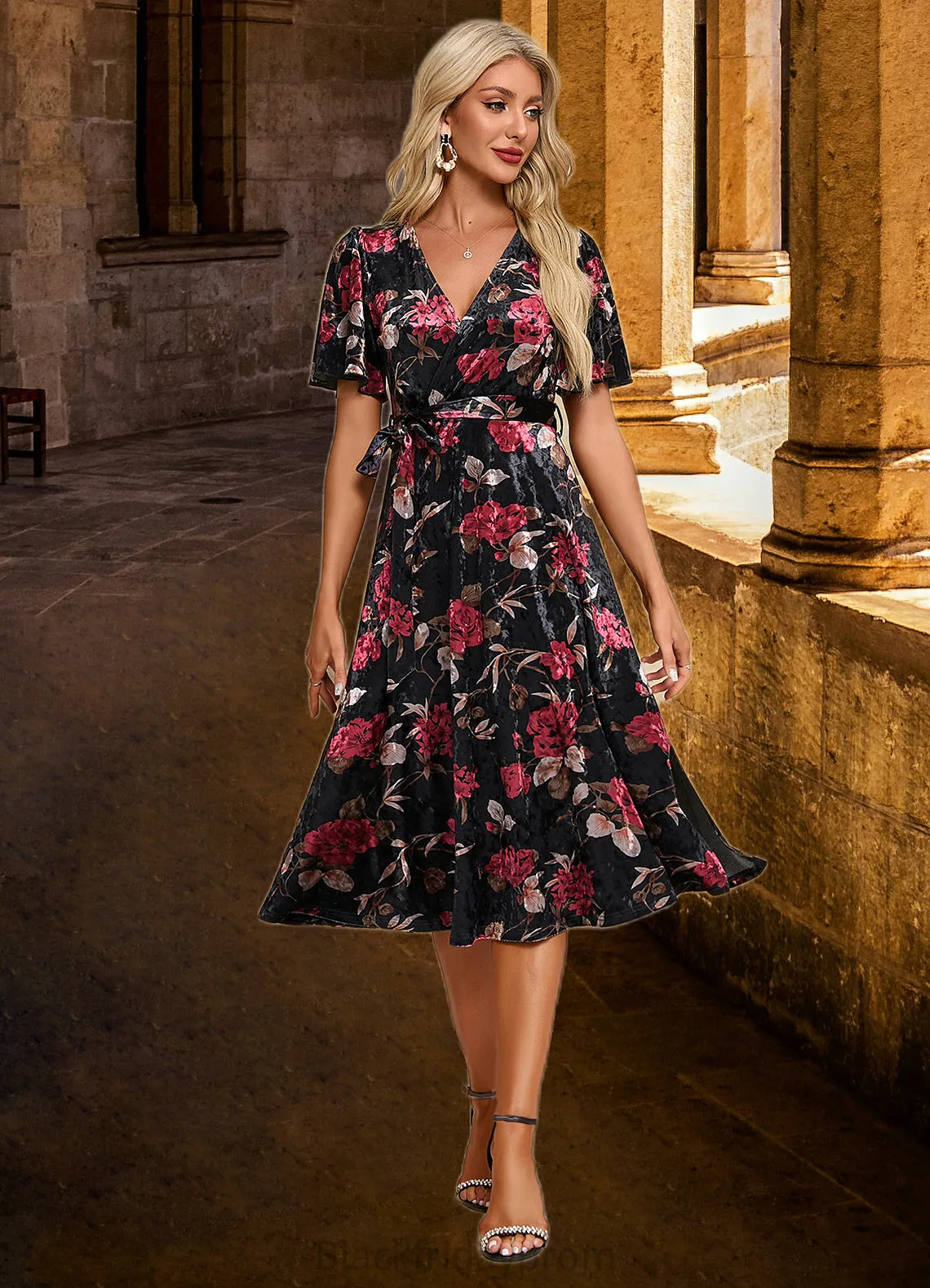 Donna Jacquard V-Neck Elegant A-line Velvet Midi Dresses BF2P0022294