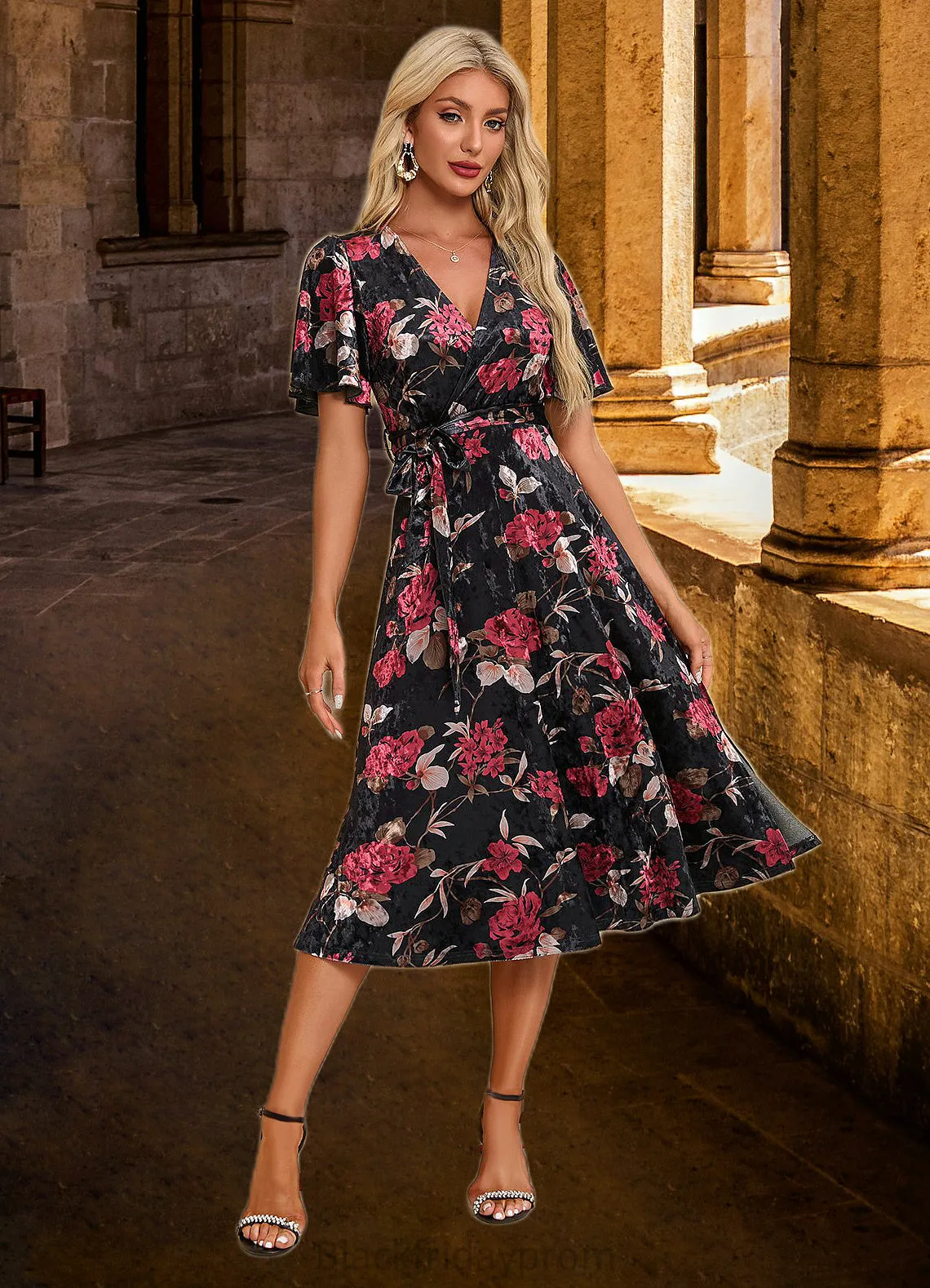 Donna Jacquard V-Neck Elegant A-line Velvet Midi Dresses BF2P0022294