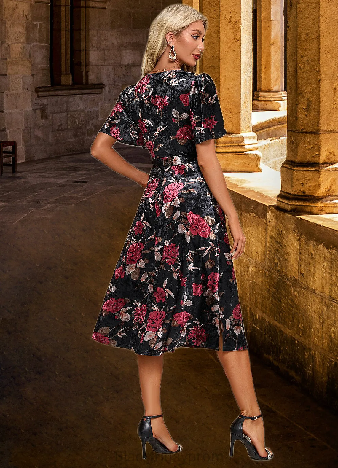 Donna Jacquard V-Neck Elegant A-line Velvet Midi Dresses BF2P0022294
