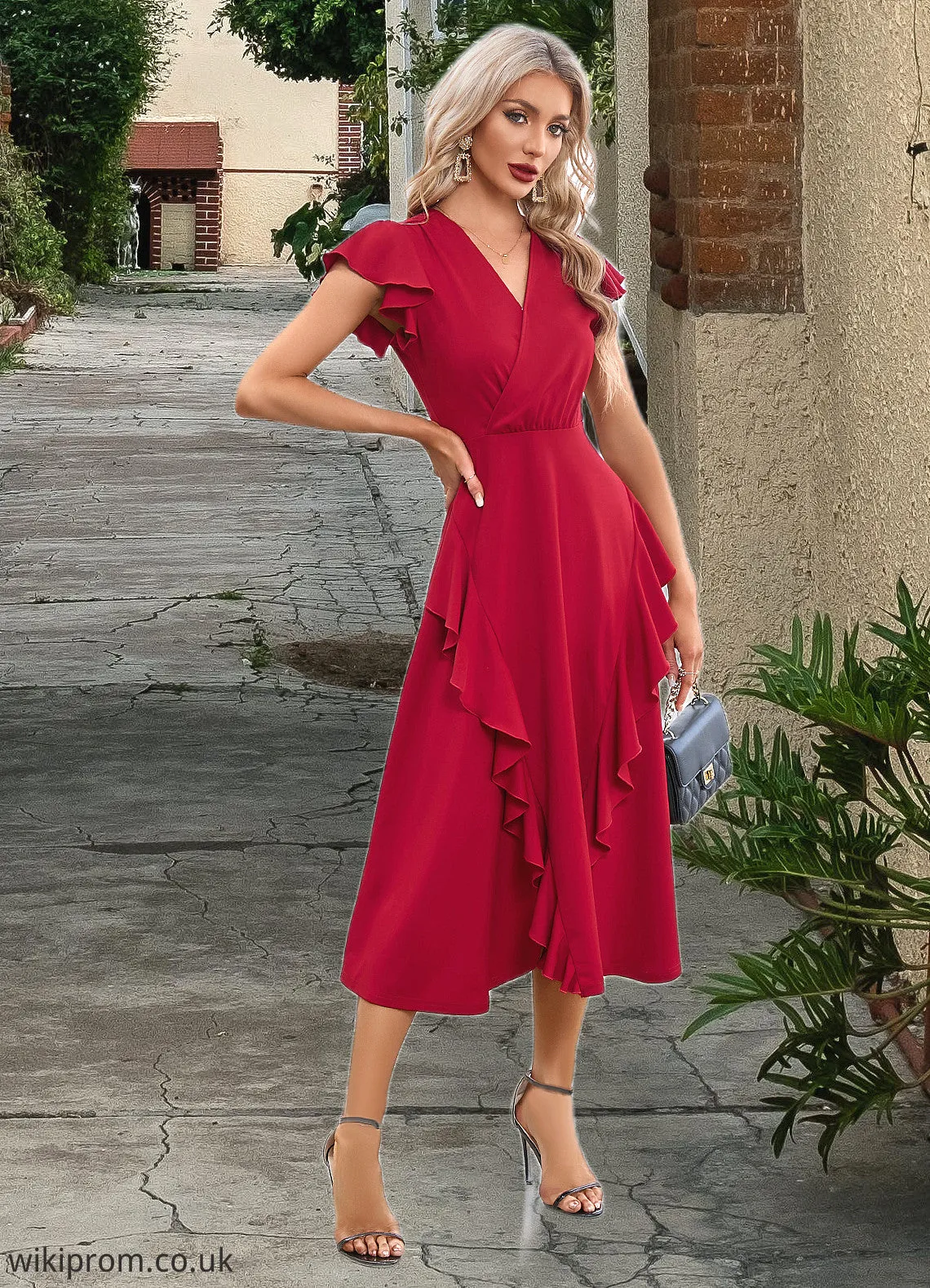 Edith Cascading Ruffles V-Neck Elegant A-line Cotton Blends Midi Dresses SWKP0022444