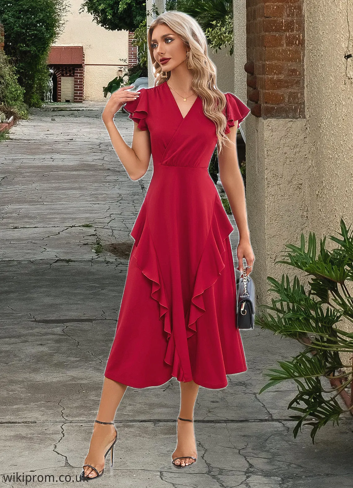 Edith Cascading Ruffles V-Neck Elegant A-line Cotton Blends Midi Dresses SWKP0022444