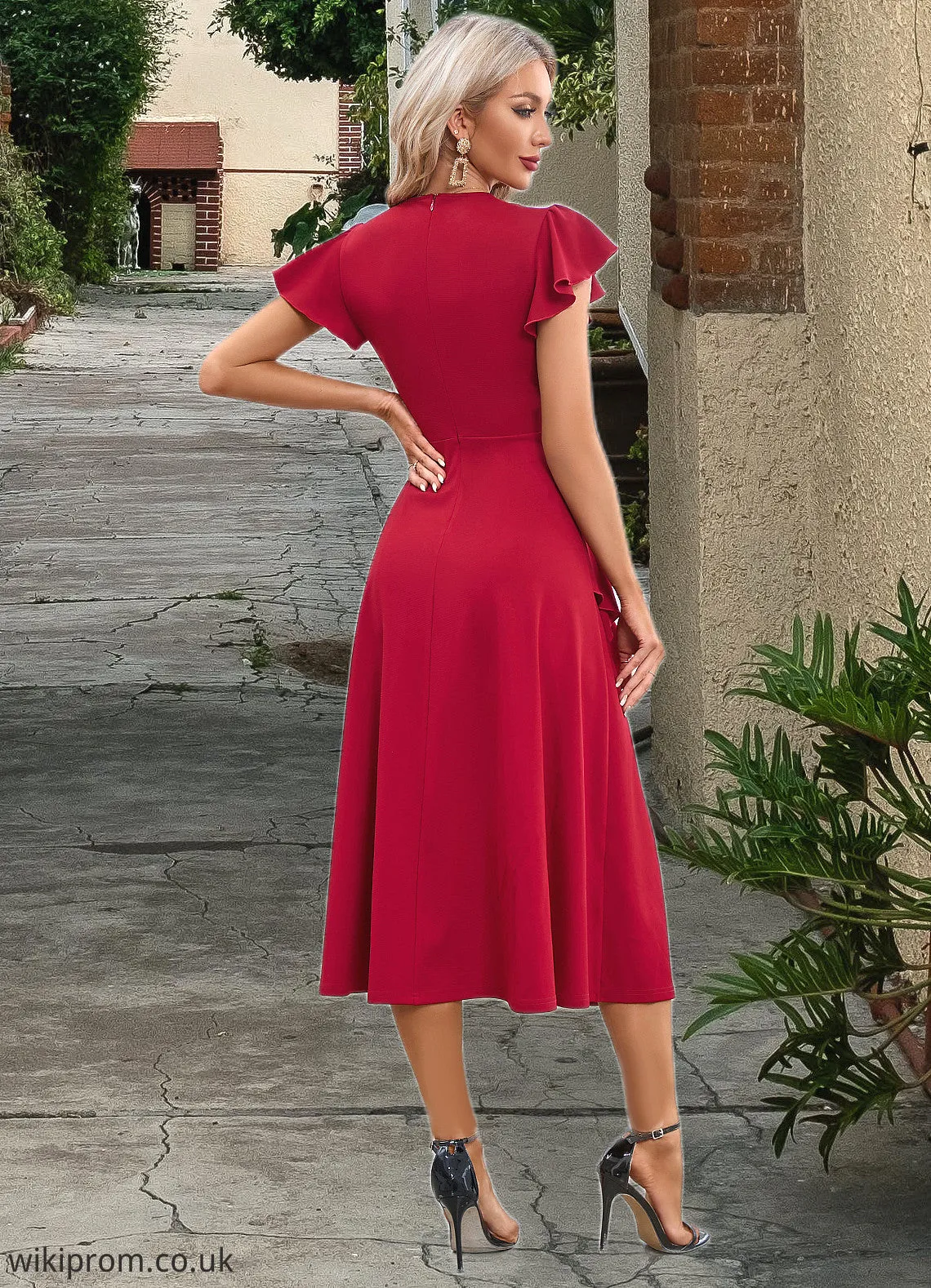 Edith Cascading Ruffles V-Neck Elegant A-line Cotton Blends Midi Dresses SWKP0022444