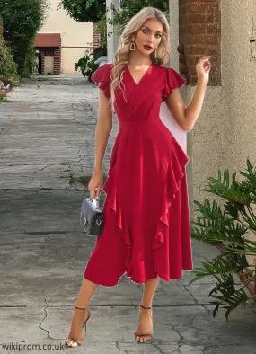 Edith Cascading Ruffles V-Neck Elegant A-line Cotton Blends Midi Dresses SWKP0022444