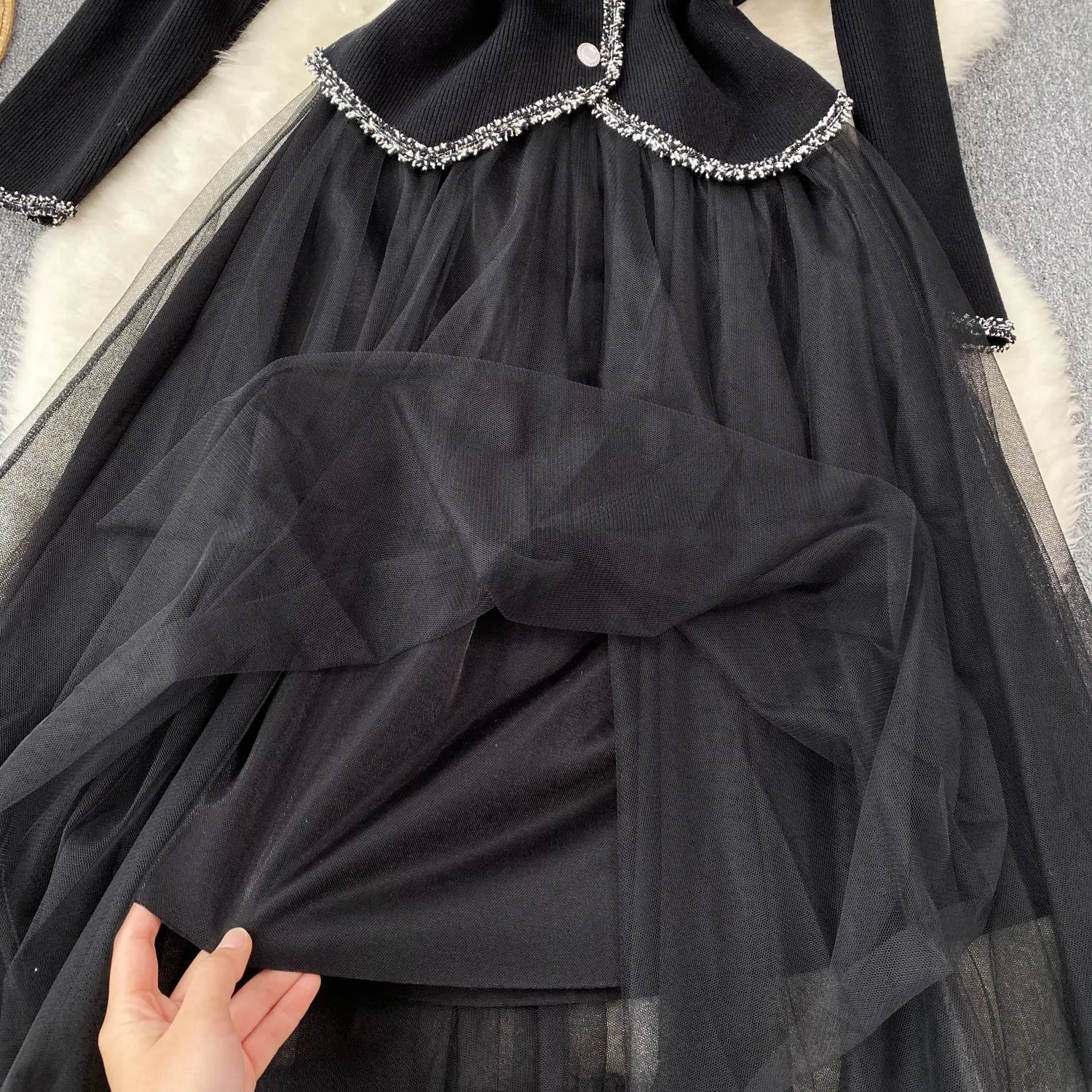 Elegant Cardigan&Slip Mesh Dress 2Pcs