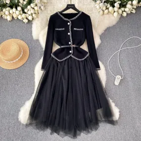 Elegant Cardigan&Slip Mesh Dress 2Pcs