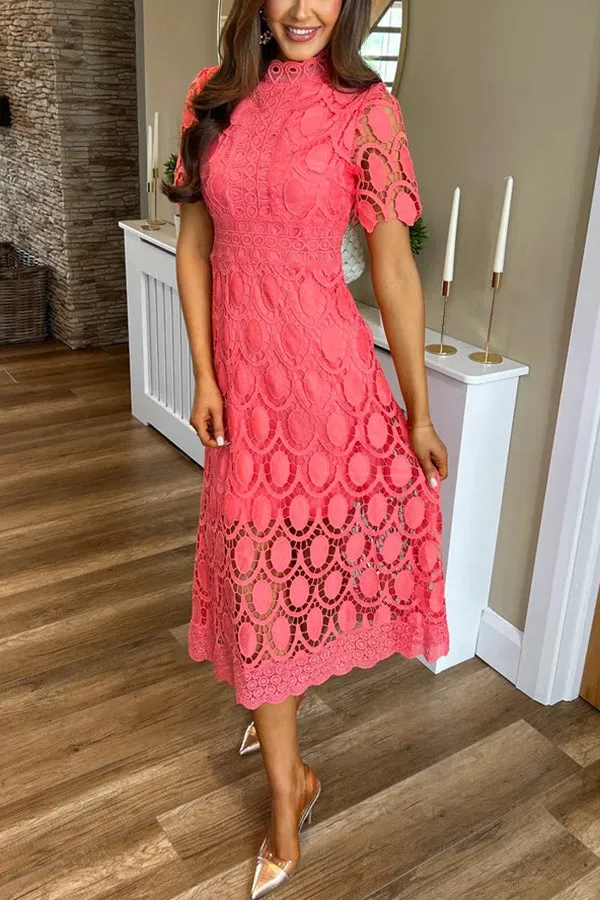 Elegant Crocheted Cutout Lace Short-sleeved Stand-collar Midi Dress