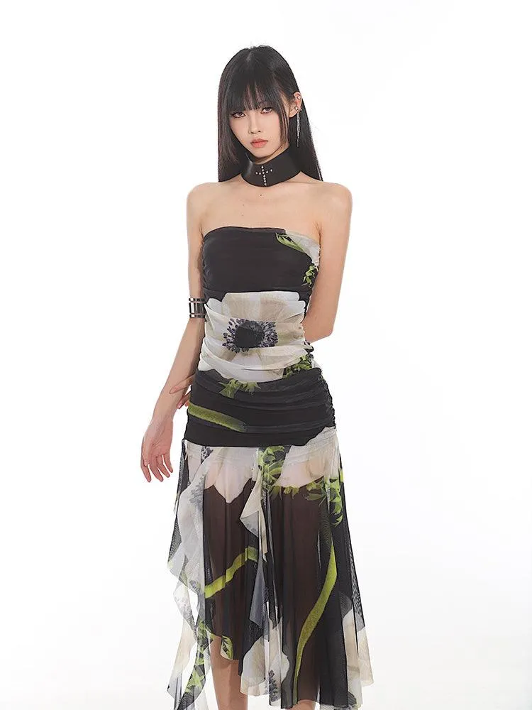Elegant Floral Mesh Tube Top Dress