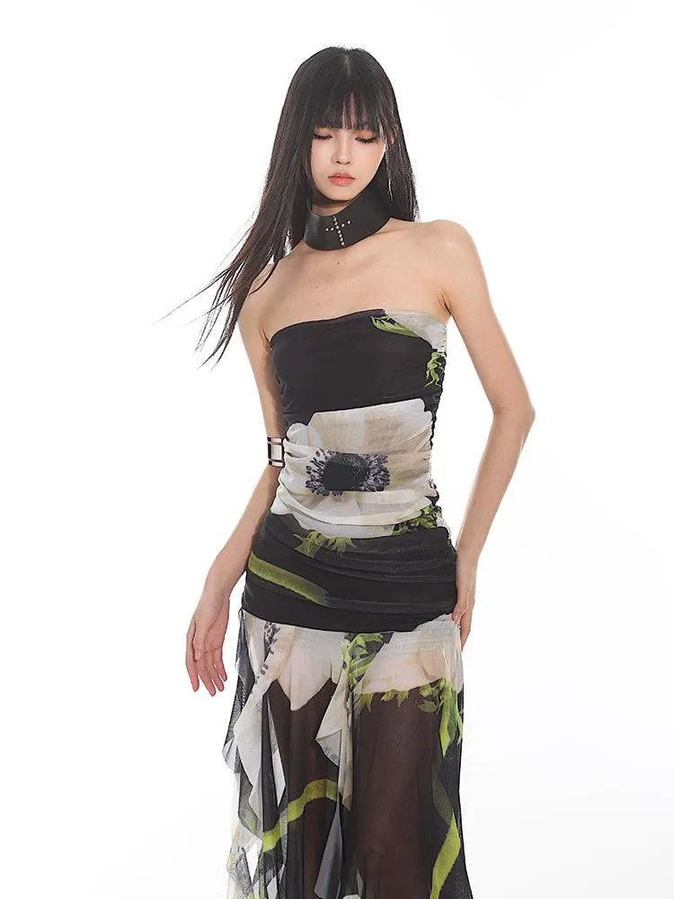 Elegant Floral Mesh Tube Top Dress