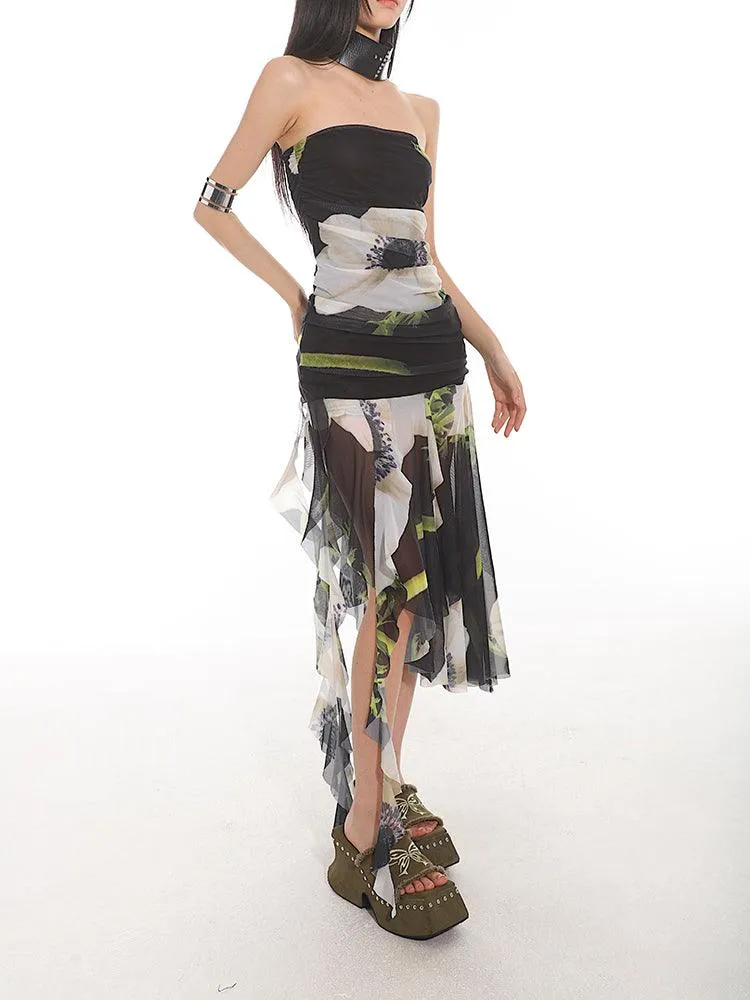 Elegant Floral Mesh Tube Top Dress
