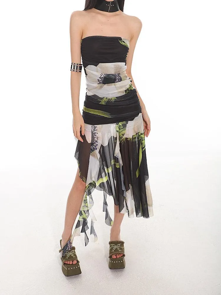 Elegant Floral Mesh Tube Top Dress