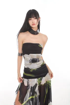 Elegant Floral Mesh Tube Top Dress