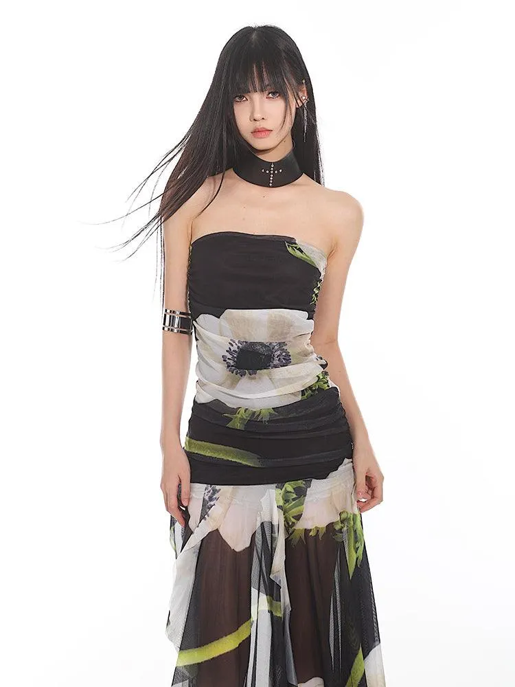 Elegant Floral Mesh Tube Top Dress