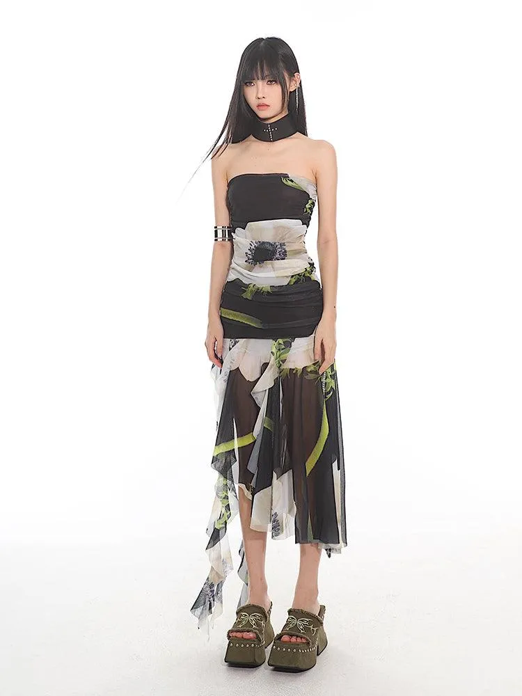 Elegant Floral Mesh Tube Top Dress