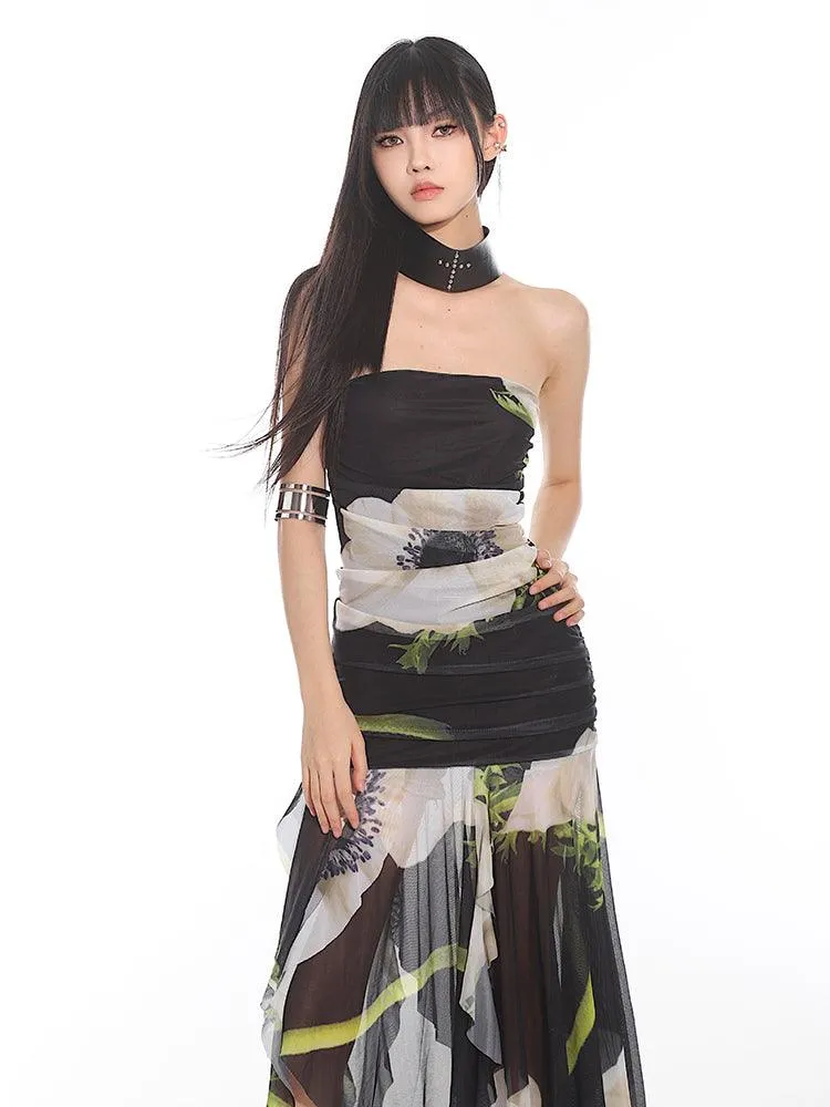 Elegant Floral Mesh Tube Top Dress
