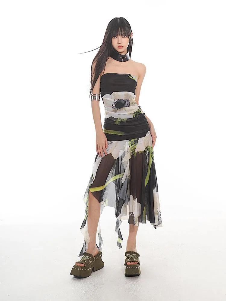 Elegant Floral Mesh Tube Top Dress