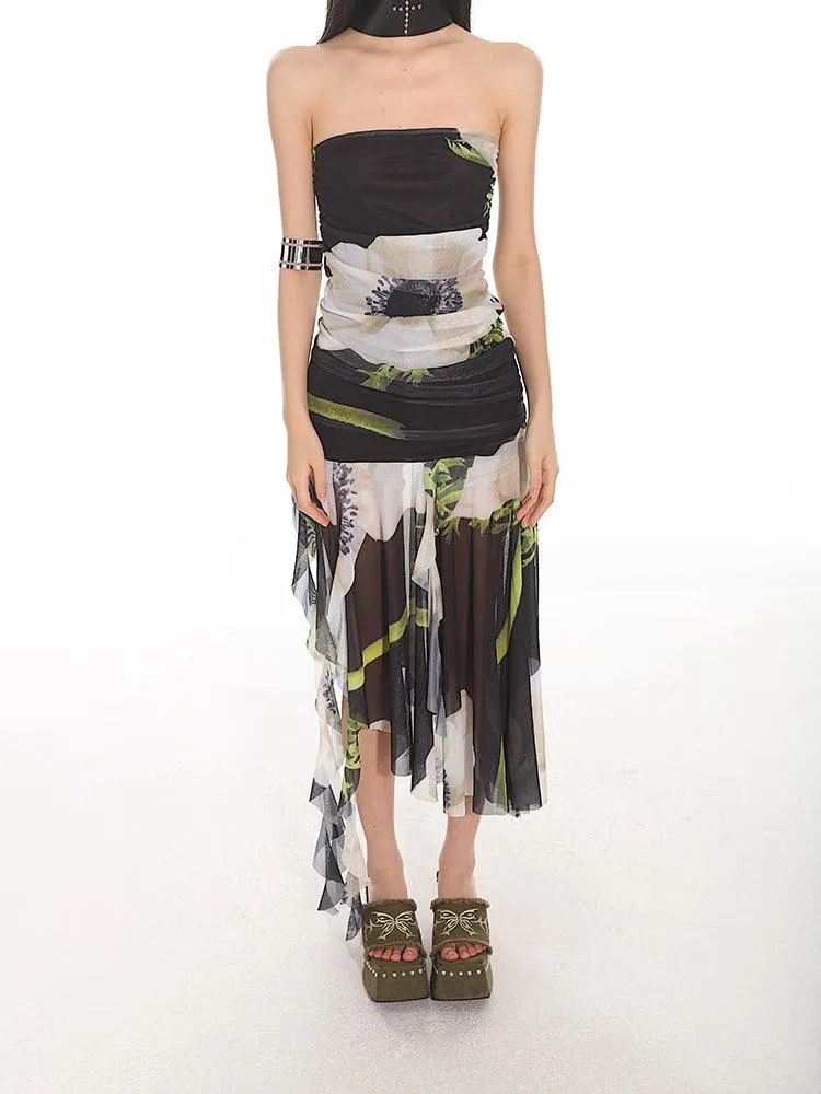 Elegant Floral Mesh Tube Top Dress