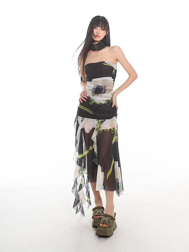 Elegant Floral Mesh Tube Top Dress