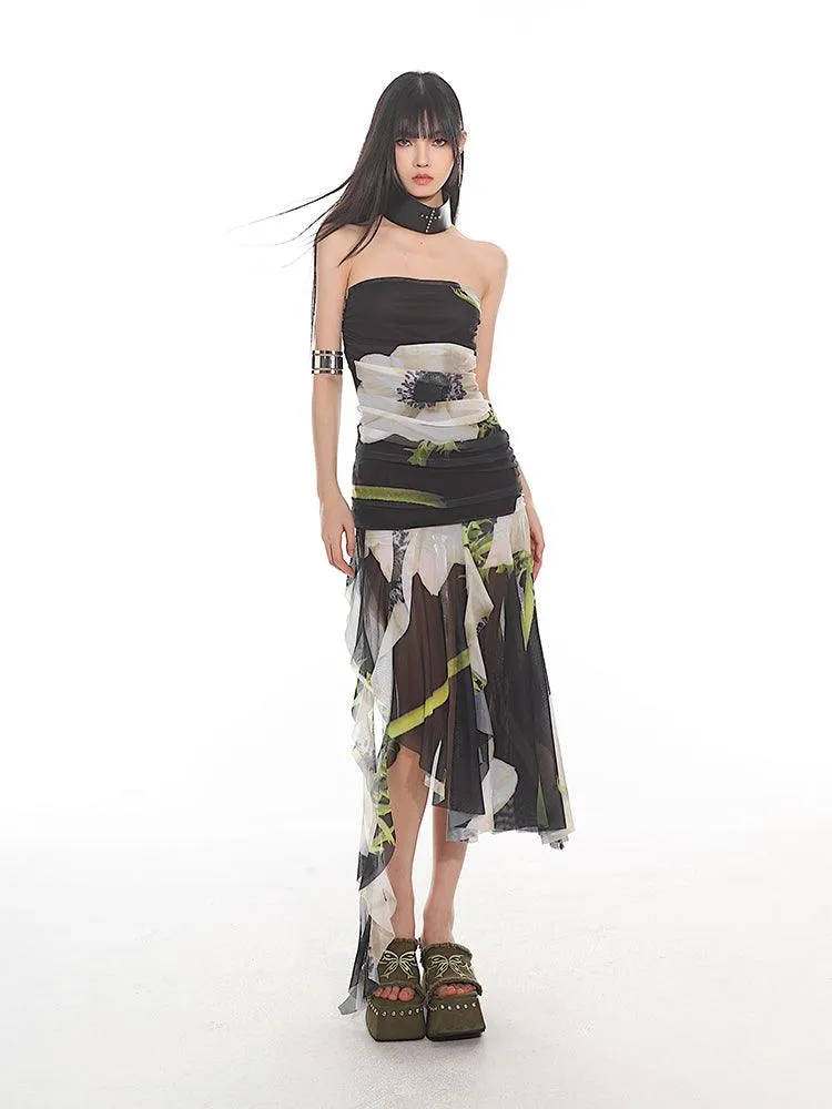 Elegant Floral Mesh Tube Top Dress