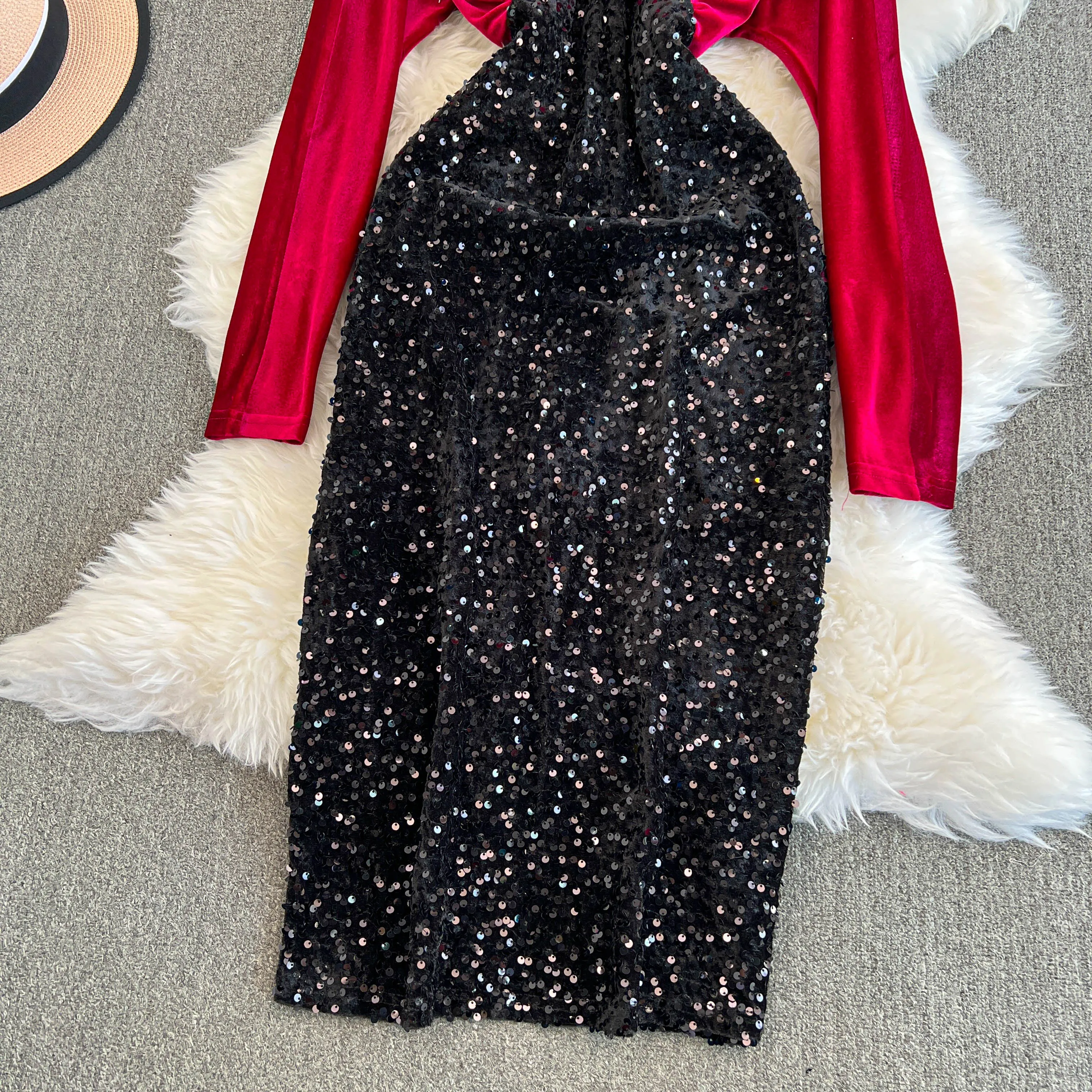 Elegant Sequined Black Velvet Dress