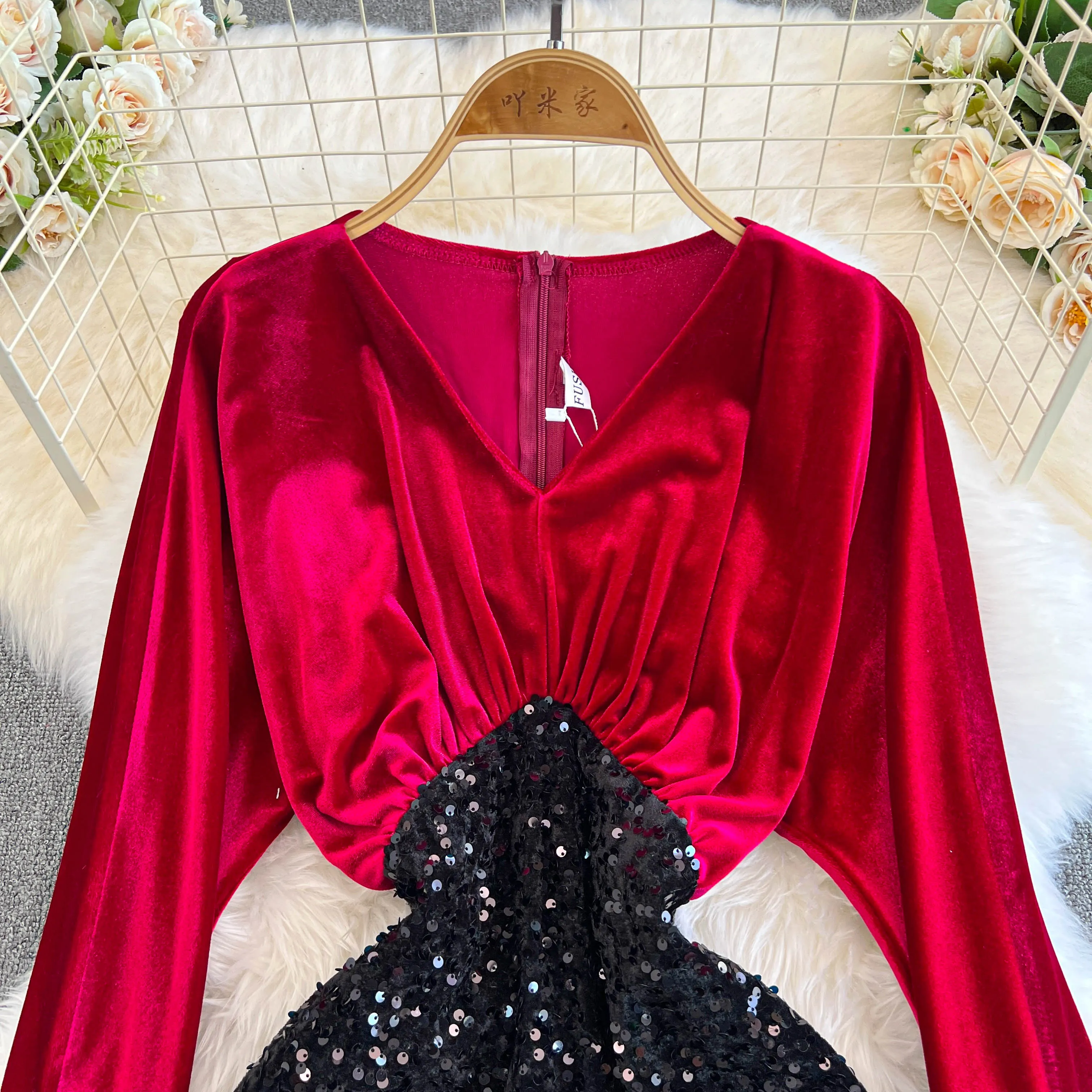Elegant Sequined Black Velvet Dress