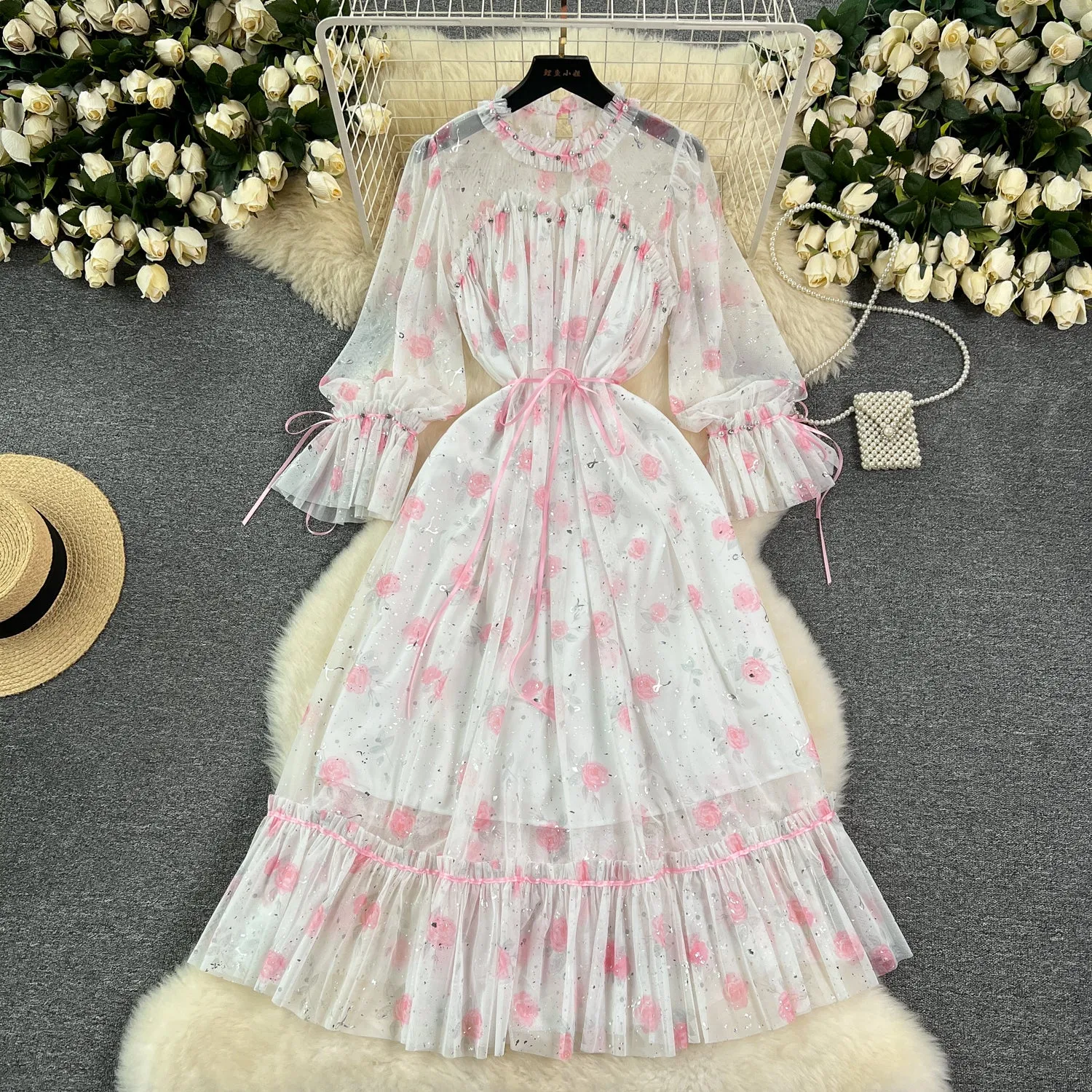 Elegant Sequined Floral Chiffon Dress