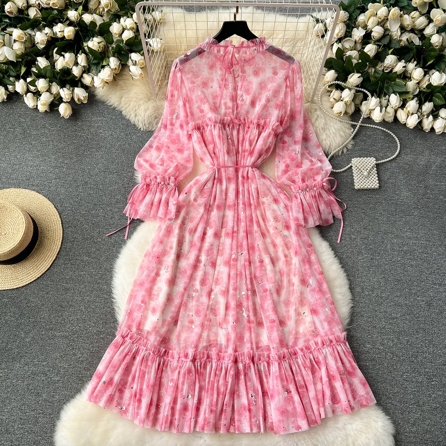 Elegant Sequined Floral Chiffon Dress