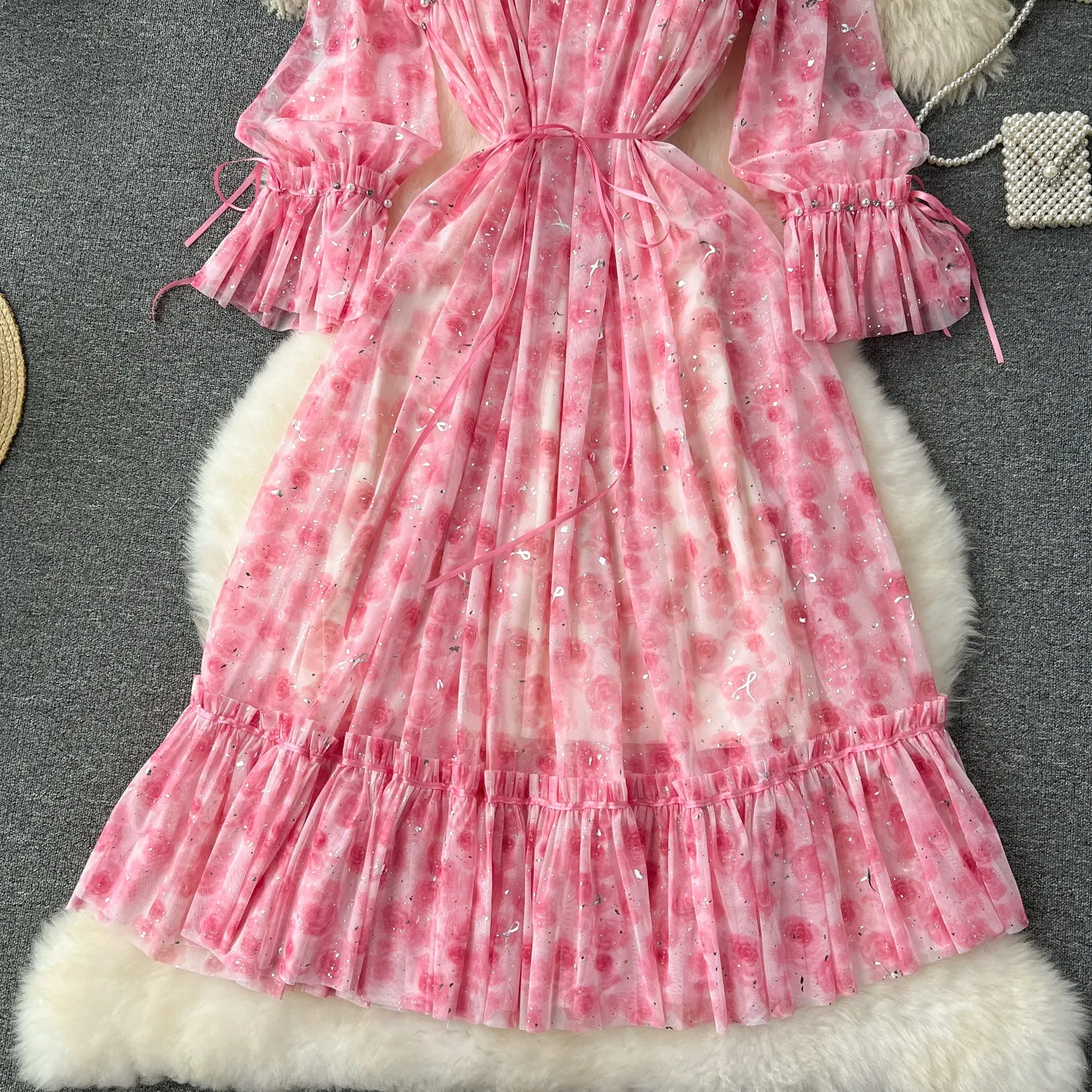 Elegant Sequined Floral Chiffon Dress