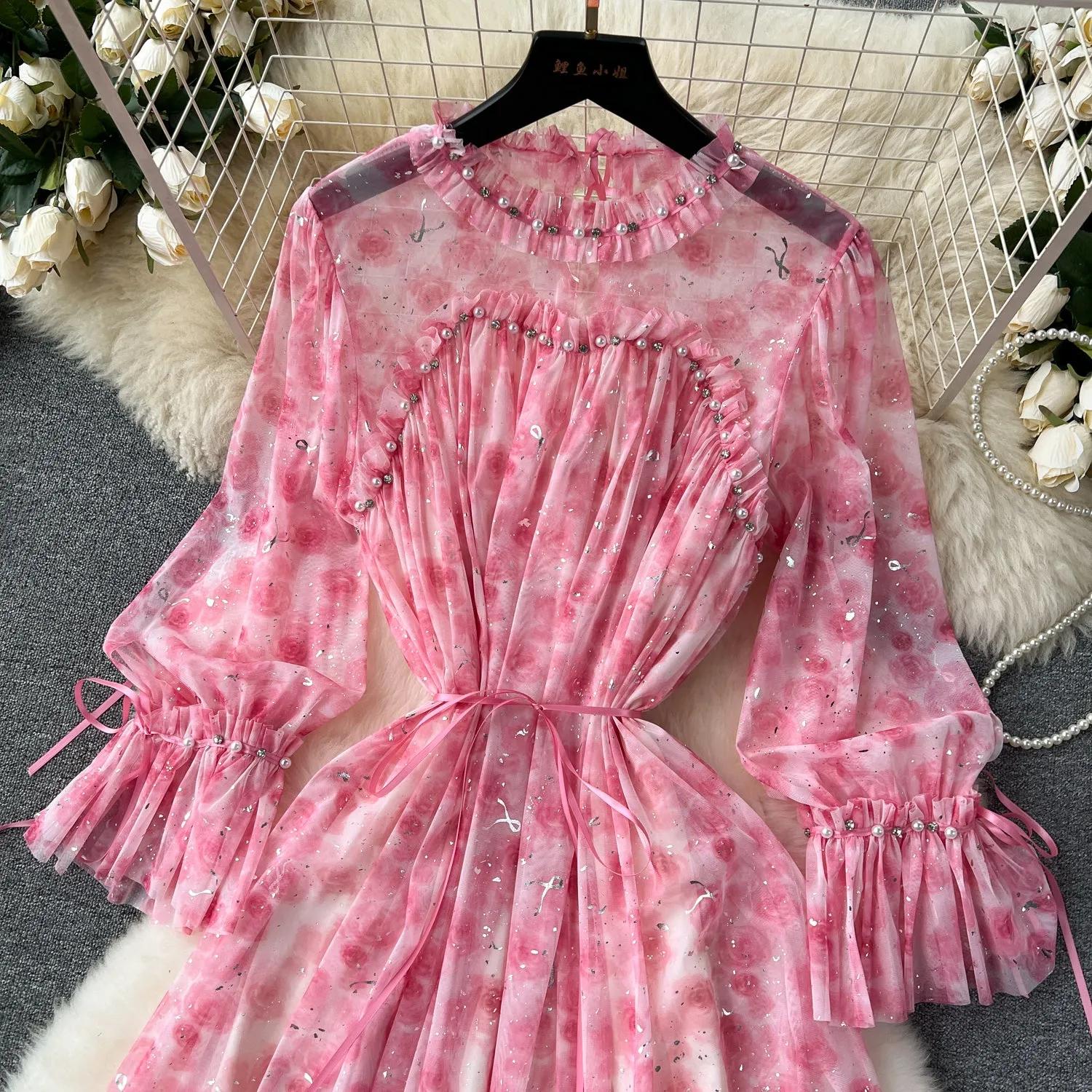 Elegant Sequined Floral Chiffon Dress