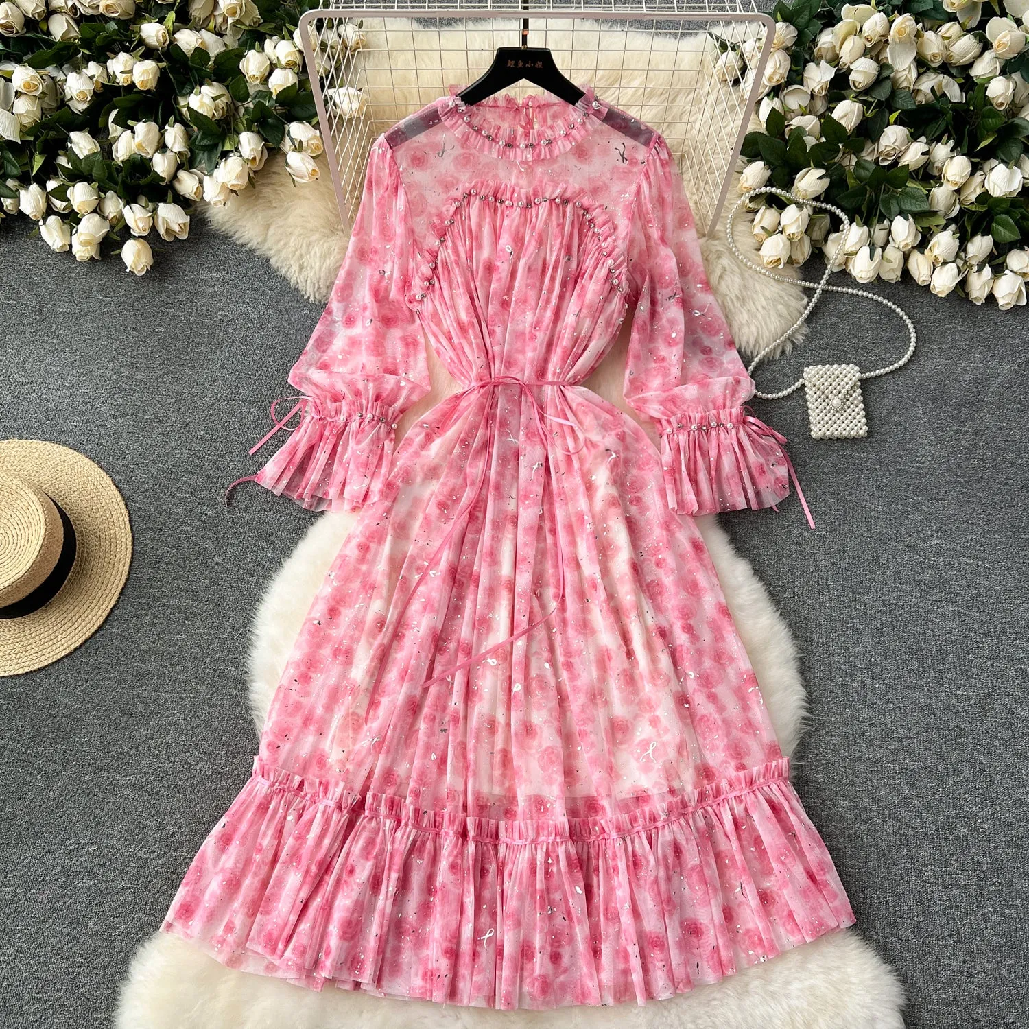 Elegant Sequined Floral Chiffon Dress
