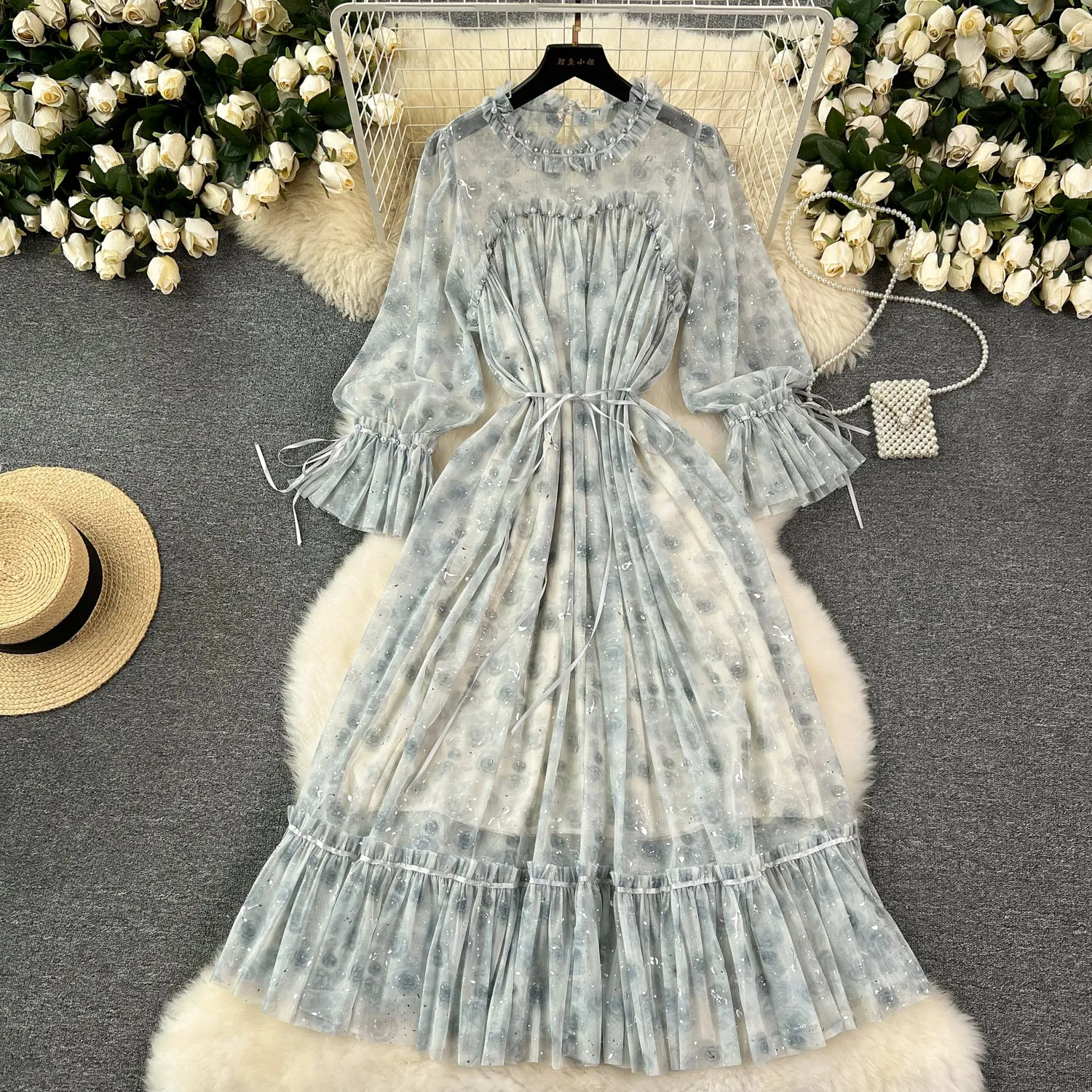 Elegant Sequined Floral Chiffon Dress