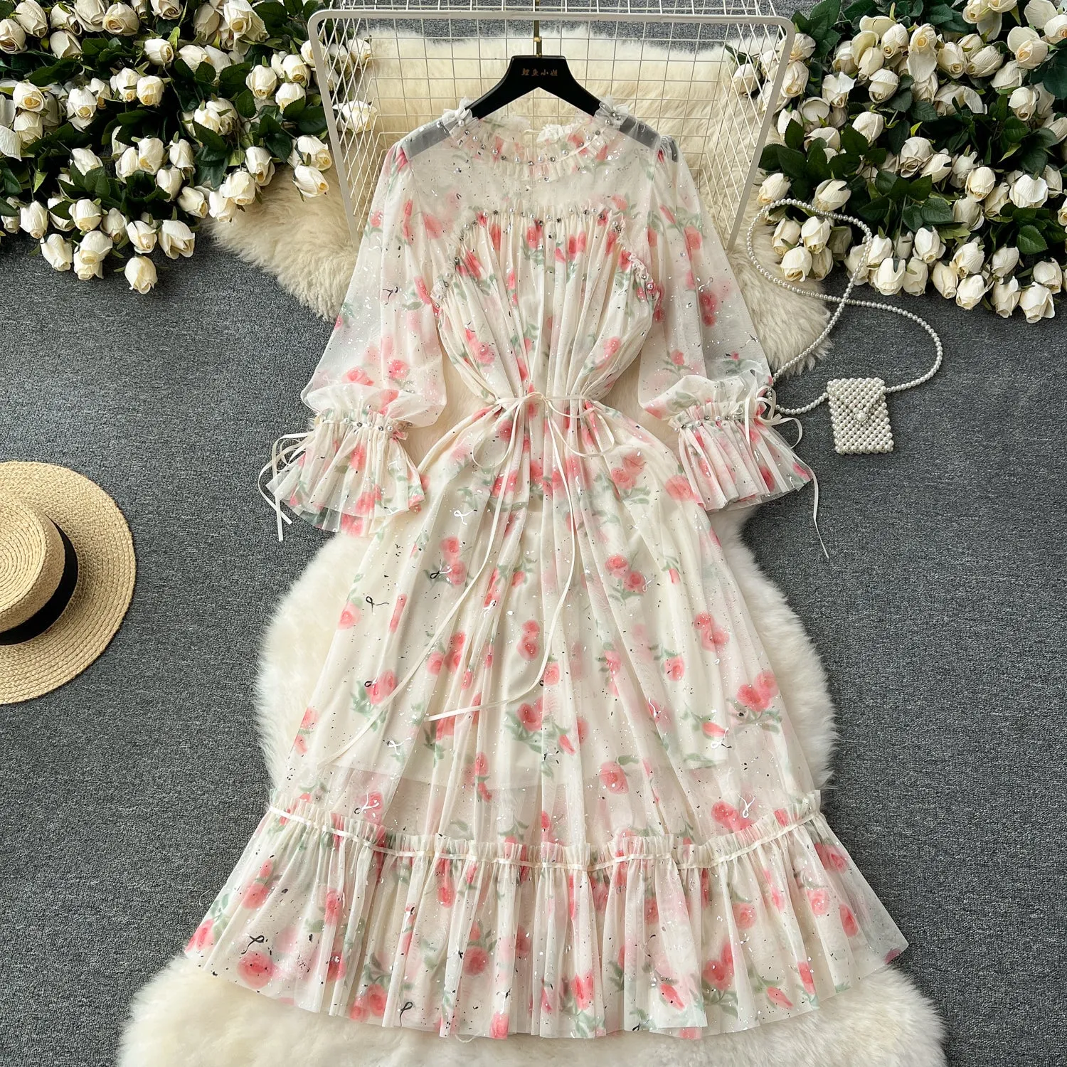 Elegant Sequined Floral Chiffon Dress