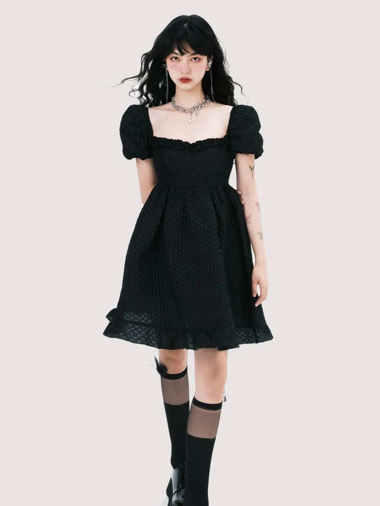 Elegant Square Neck Puff Sleeve Jacquard Dress