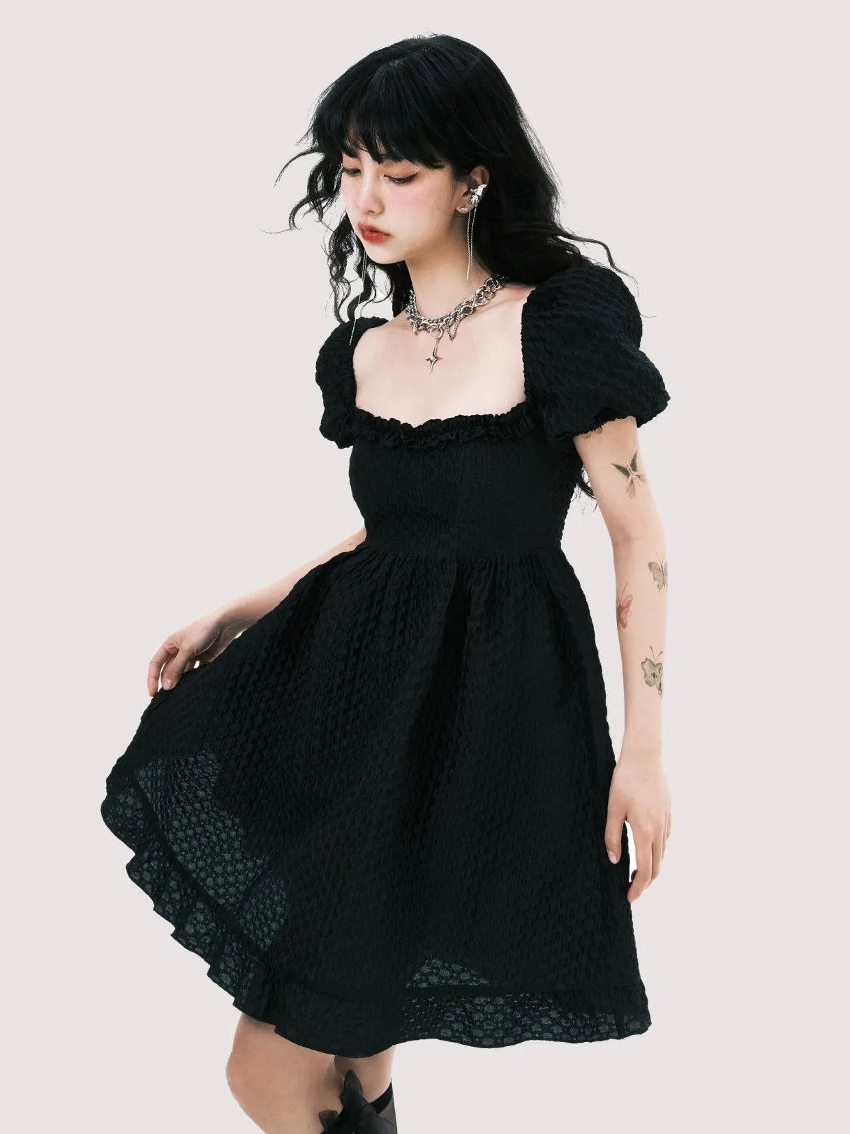 Elegant Square Neck Puff Sleeve Jacquard Dress