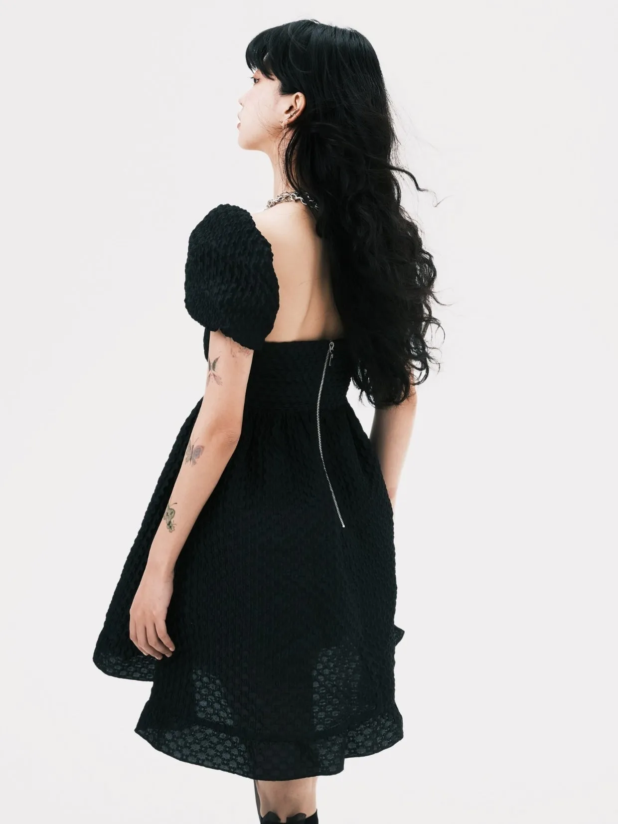 Elegant Square Neck Puff Sleeve Jacquard Dress