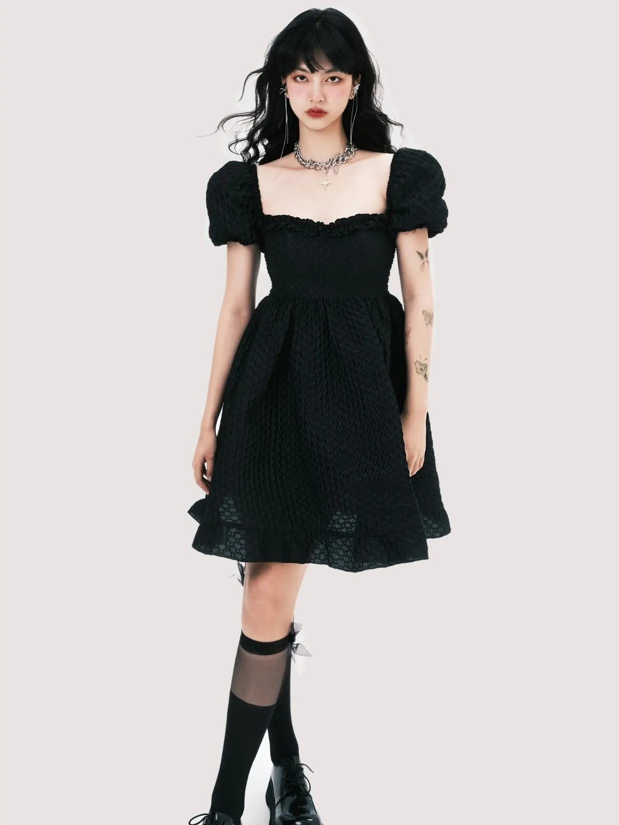 Elegant Square Neck Puff Sleeve Jacquard Dress