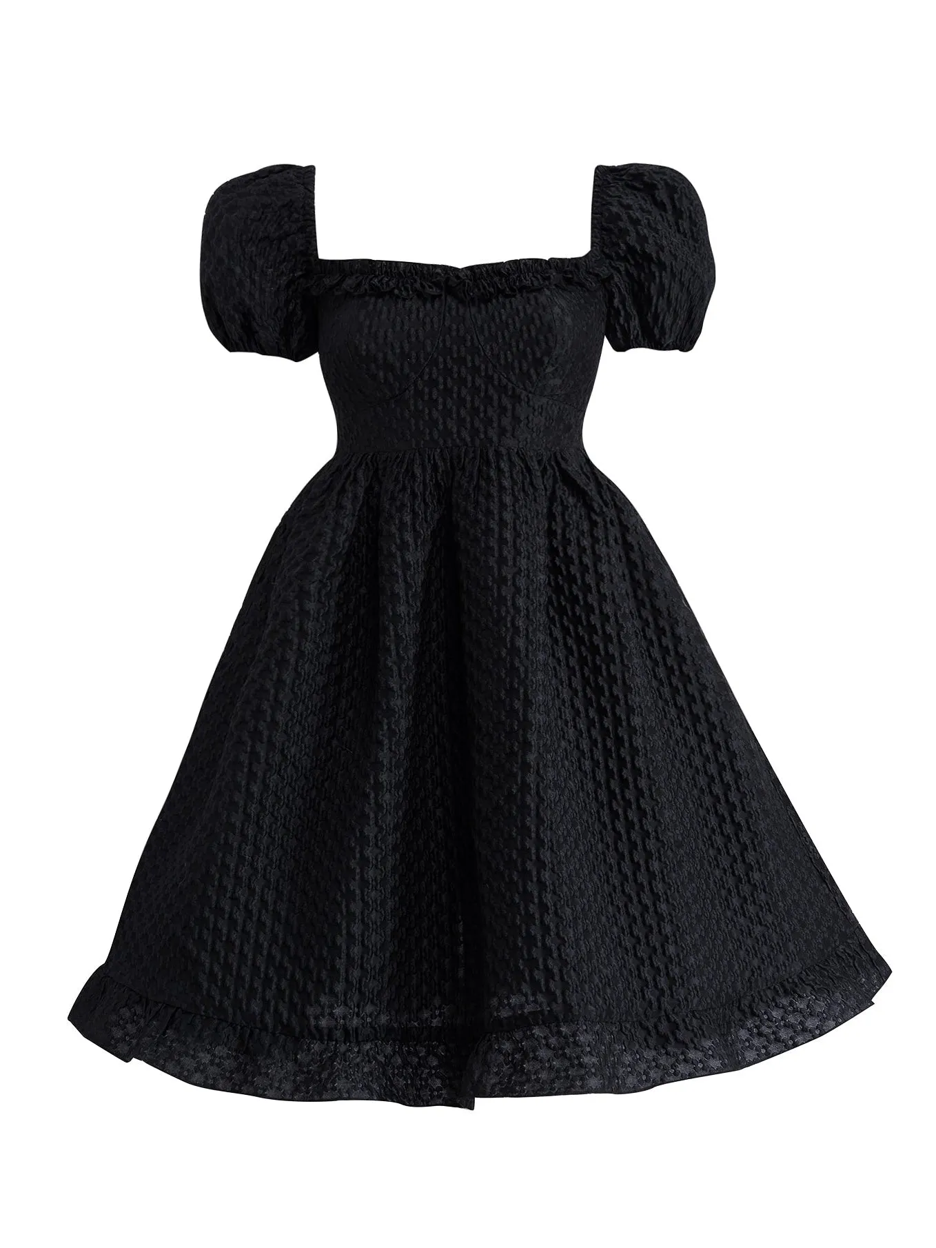 Elegant Square Neck Puff Sleeve Jacquard Dress