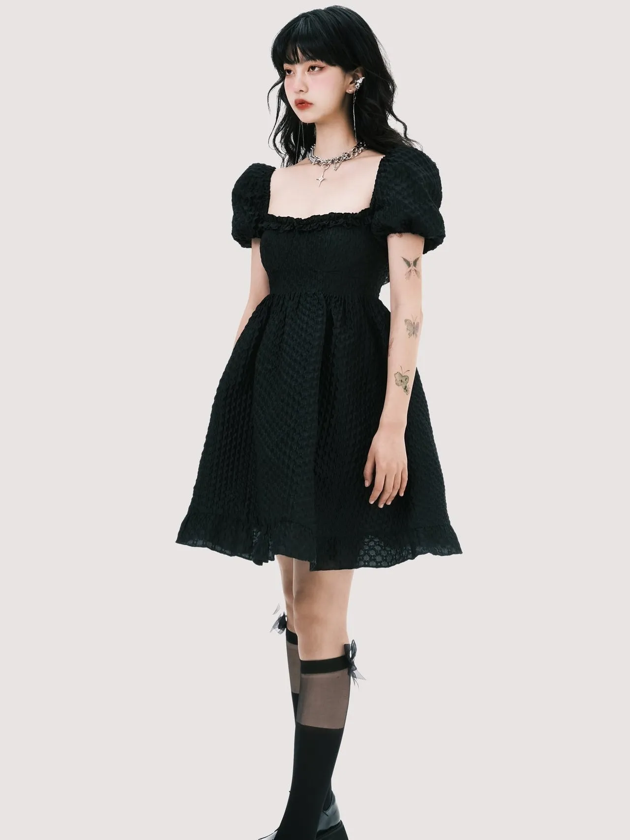 Elegant Square Neck Puff Sleeve Jacquard Dress