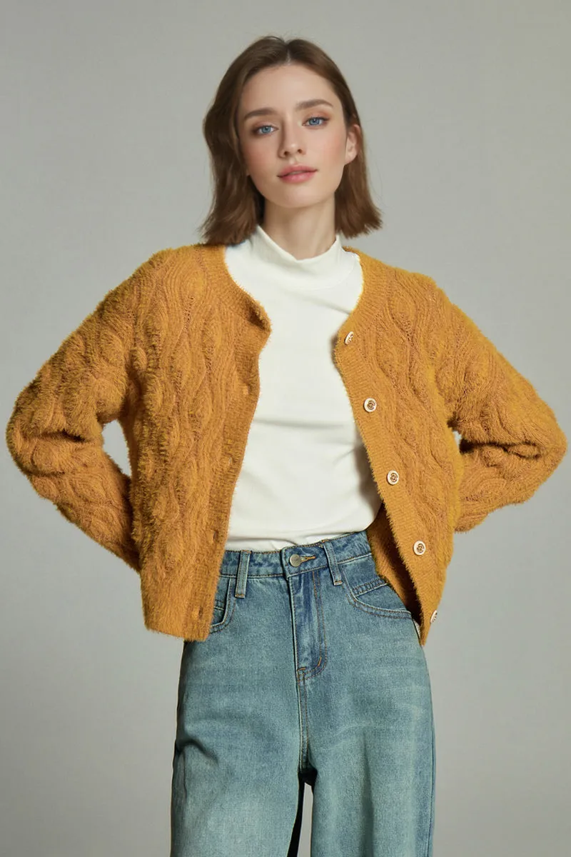 Faux Mink Fur Cropped Cable Knit Crewneck Cardigan