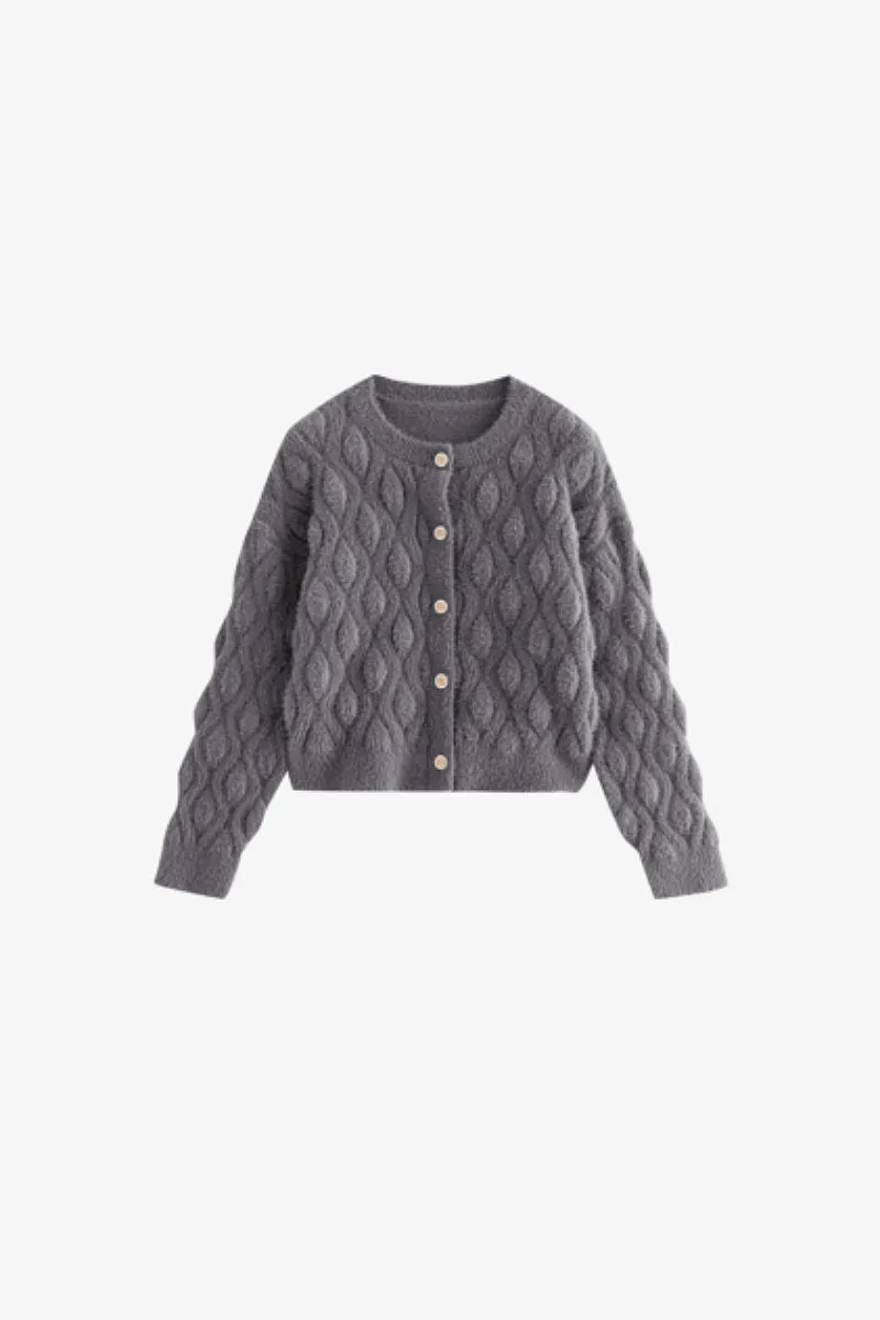 Faux Mink Fur Cropped Cable Knit Crewneck Cardigan