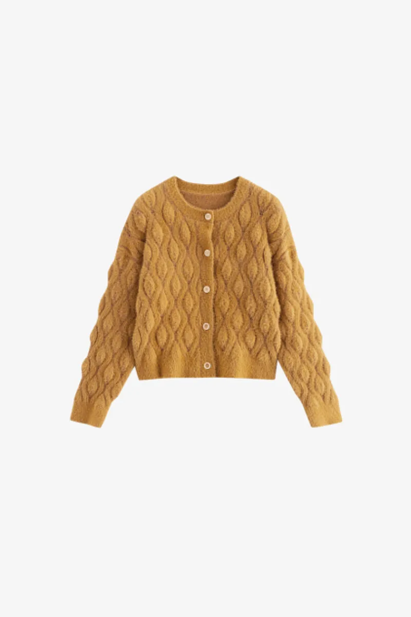 Faux Mink Fur Cropped Cable Knit Crewneck Cardigan