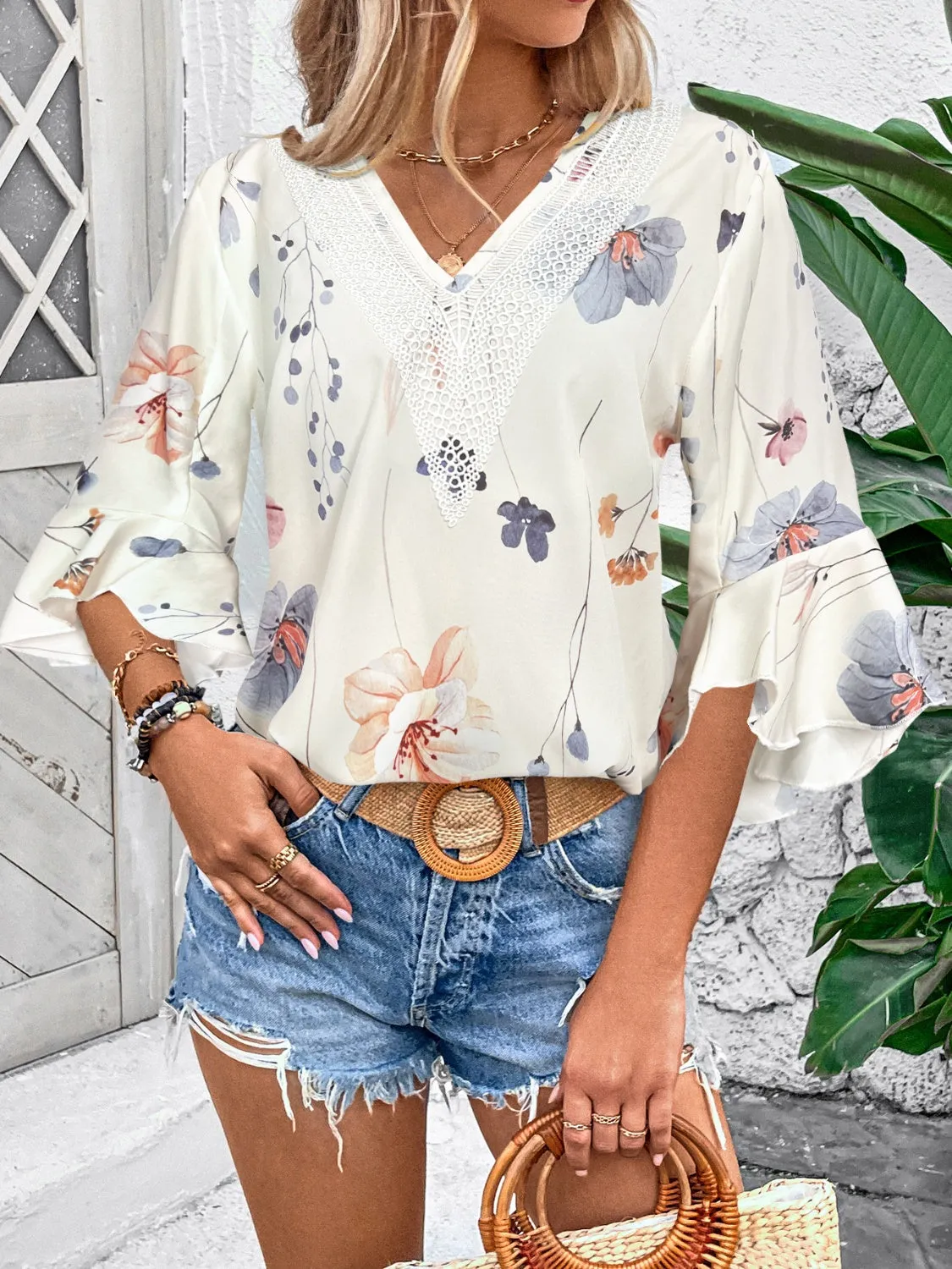 Feminine  Ruffled Printed V-Neck Half Sleeve Blouse