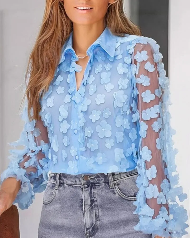 Floral Pattern Sheer Mesh Lantern Sleeve Top