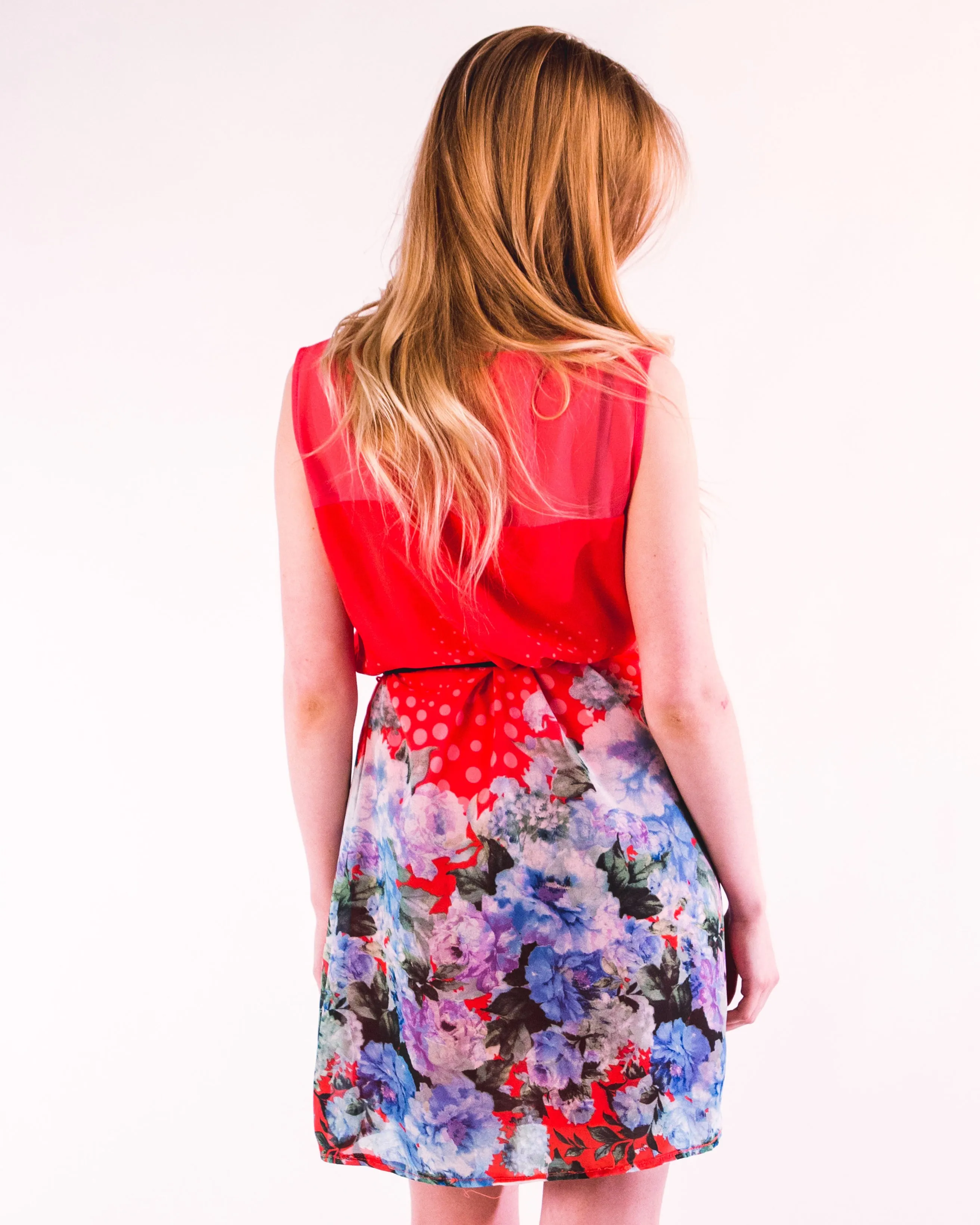 Floral Print Chiffon Dress (Red)