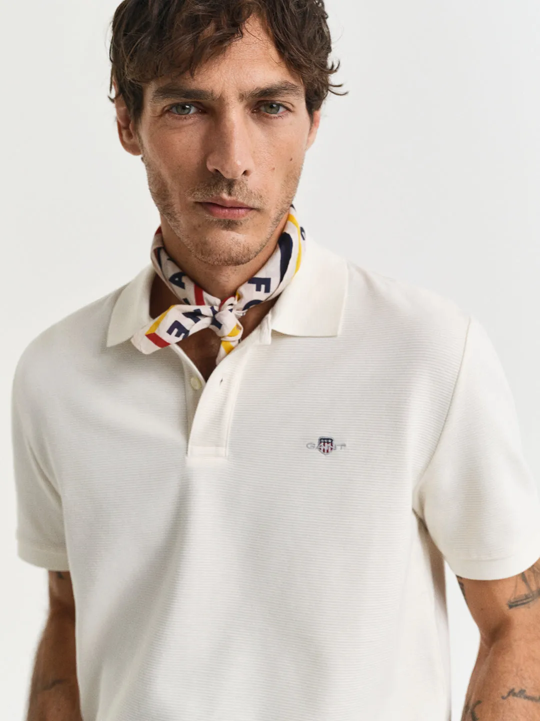 Gant Men Cream Solid Collared Short Sleeves Polo T-Shirt